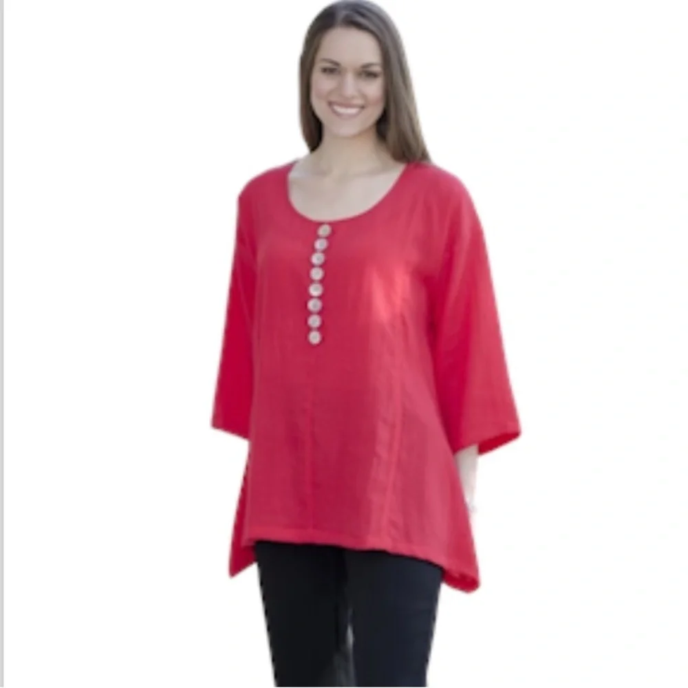 Fridaze Linen Top Small Oversized Lagenlook Coastal Grandma Aqua Blue Spring